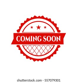 One modern, simple label with stars, red ribbon, text Coming Soon, isolated on white background
