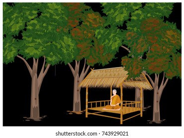 one monk meditating on grass hut in forest at night time