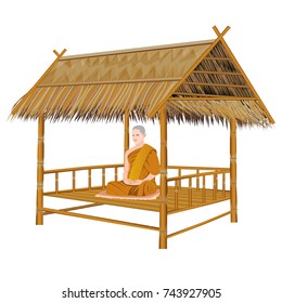 One Monk Meditation On Grass Hut Vector Design