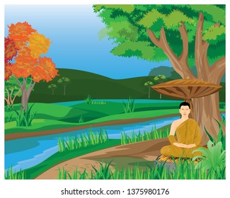 one monk meditation under the tree vector design