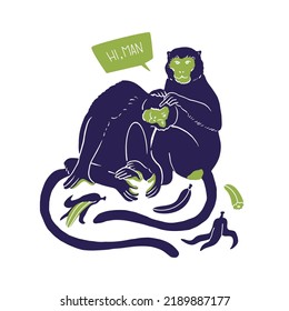 One monkey grooms another, removing parasites from its fur. Surrounded by bananas and banana skins. Social relations, man, animals, partnership, mutual assistance. Quote Hi man. Vector illustration.