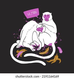 One monkey grooms another, removing parasites from its fur. Surrounded by bananas and banana skins. Social relations, man, animals, partnership, mutual assistance. Quote Hi man. Vector illustration.