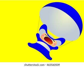 One monster child flying with a parachute on a yellow background in a gray suit with a blue big ears screaming and scared with his eyes closed and mouth open funny cartoon character