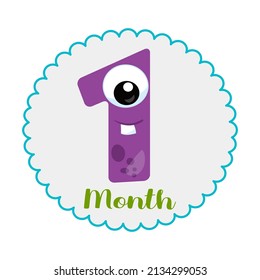 De un mes - Tarjeta Milestone para bebé. Diseño lindo con una pequeña ilustración violeta de monstruo.