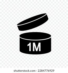 One month PAO icon. Period after opening sign. Jar with open lid and 1M marking. Product freshness time. Cosmetic, shampoo, makeup validity label on transparent background. Vector illustration 