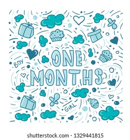 One months - vector typography. Lettering made by hand. Handdrawn illustration for postcard, save the date card, pregnant or newborn baby housewarming poster. 