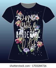 One more wonderful day, slogan lovely graphic design and cute flowers graphic design print for tee and t shirt and fabric
