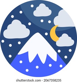 One mountain at night time covered in snow, illustration, vector, on a white background.