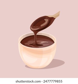 the one mug with hot brown chocolate and the wood spoon or posts, cards, icons, posters, backgrounds, patterns, prints. the vector art of the one mug with hot brown chocolate and the wood spoon 