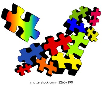 One multicolored jigsaw piece so different from all the other ordinary jigsaw pieces.  Concept showing uniqueness, difference and wanting to belong.