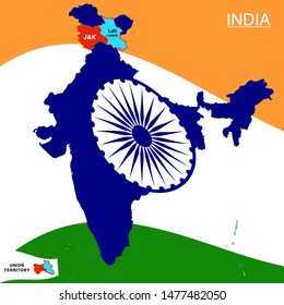  'One nation, one flag'. Jammu Kashmir and Ladakh, India declared as union territories. New map of JK & Ladakh. Creative background/banner for 26th January, 15th August celebration.
