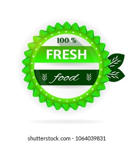 One nature label with text Fresh Food, green leaves, isolated on white backgroun