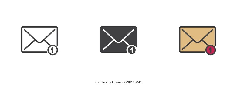 One new message different style icon set. Line, glyph and filled outline colorful version, email notice outline and filled vector sign. Symbol, logo illustration. Vector graphics