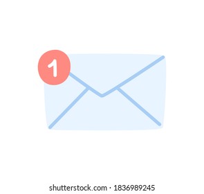 One new message, an envelope with the number one, an incoming message. Vector cute, hand-drawn illustration.