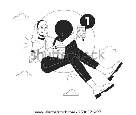 One new message notification black and white 2D illustration concept. Coffee break business woman scrolling feed phone outline character isolated. Social media manager metaphor monochrome vector art