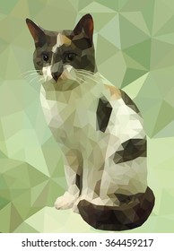 one nice cat sits on a green background from triangles, the  executed in style triangulation