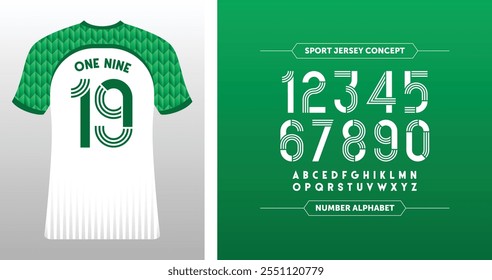 One Nine 19: Green and white soccer jersey with geometric patterns. Stylish stripes and A-Z characters for a modern look.