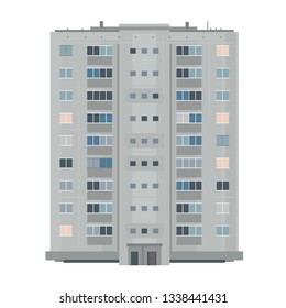 One nine-story eastern european building in front view isolated, old soviet building architecture flat style