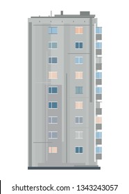 One nine-story eastern european building in side view isolated, old soviet building architecture flat style