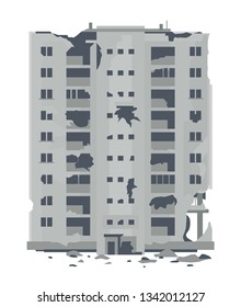 Uma guerra de nove andares na europa oriental destruiu edifício com detritos e concreto em frente, arruina edifício de apartamentos isolado