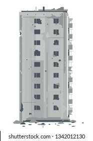 One nine-story eastern european war destroyed building with debris and concrete in side view, ruins apartment building isolated