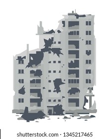 One nine-story eastern european war destroyed building with debris and concrete in front view, ruins apartment building isolated