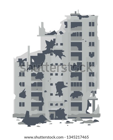 One nine-story eastern european war destroyed building with debris and concrete in front view, ruins apartment building isolated