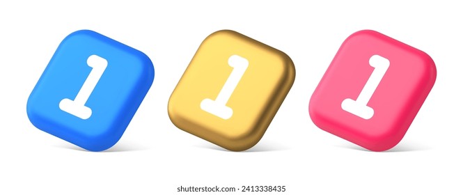 One number button finance counting panel keyboard user interface 3d realistic blue gold and pink icons. First character numeric business calculation symbol internet communication