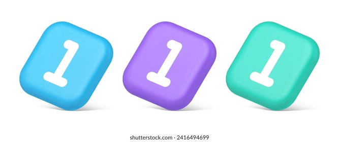 One number button finance counting panel keyboard user interface 3d realistic blue purple and green icons. First character numeric business calculation symbol internet communication
