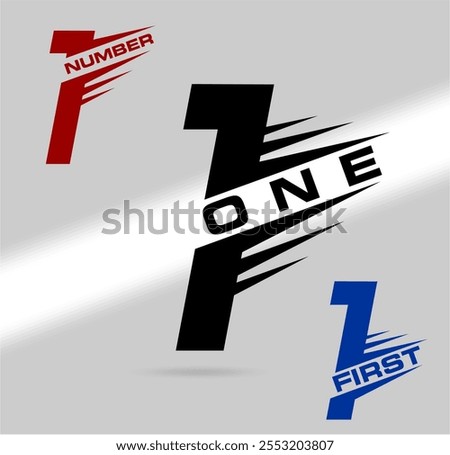 One; number and word logo for number. Speed, racing and sharpness themed, straight lines number and name typography. Text logo studies for all numbers. Speed ​​and flash themed vector logo.