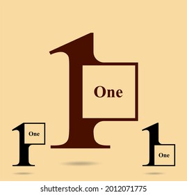 One; numeral and word logo for number. One letter in box with one figure logo design. Number names typography design. Serif font design.  Text logo and numeral logo studies for all numbers.