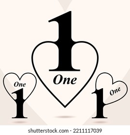 One; numeral and word logo for number. One letter with one figure inner heart shaped logo design. Number names typography design. Serif font design. Text logo studies for all numbers.