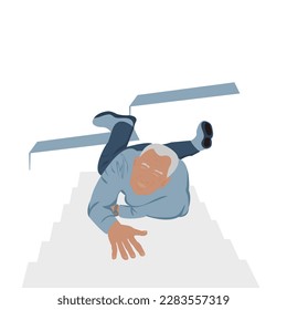 One Older glabrous man falling accident.Elderly grey hair man slipped down stairs in home on white background. Vector isolate flat cartoon characters design concept for Don’t leave old people alone