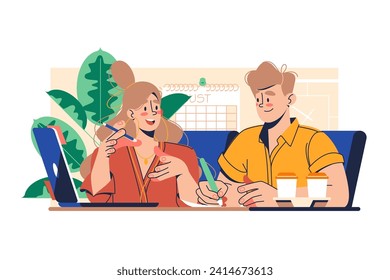 One on One Coaching Session, vector illustration. A coach and a coachee sit at a table, holding drinks and having a conversation.