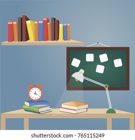 One open book on the table. The light of the desk lamp is aimed at the book.
