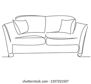 ein offenes, einzelnes, gezogenes Kunstdoodle-Sofa, Sitzplatz, einzeln. Einzeln handgezeichnetes Konturbild auf weißem Hintergrund. Sofa mit Kissen