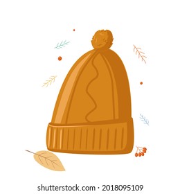 Un sombrero de punto otoño naranja con una pompa sobre un fondo blanco. Ilustración vectorial en estilo doodle