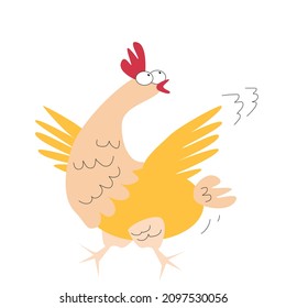 One orange chicken running in fear from someone. Cute vector illustration isolated on white background