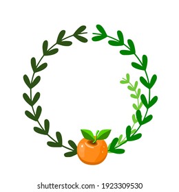 One orange on a branch and green leaves in a circular shape.Vector illustration isolated on white background.Floral wreath with leaves for wedding and holiday. Decorative elements.