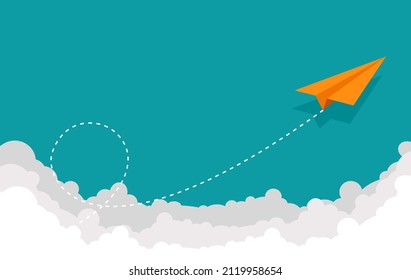 One Orange paper plane fly on the sky. Vector illustration flat design for poster, banner, presentation, and background.