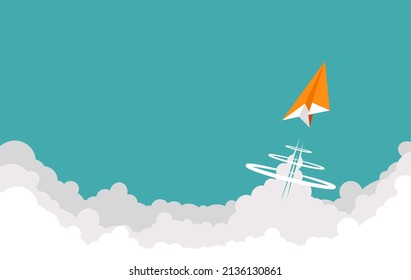 One Orange Paper Plane Fly Supersonic Speed On The Sky. Vector Illustration Flat Design For Poster, Banner, Presentation, And Background.