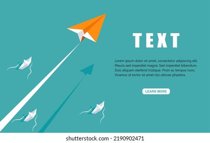 One Orange paper plane flying faster than origami ships. Vector illustration flat design for poster, banner, presentation, template, and background.