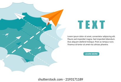 One Orange paper plane flying faster above the clouds. Vector illustration flat design for poster, banner, presentation, template, and background.