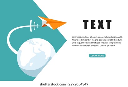 Un avión de papel naranja volando más rápido sobre el mundo. Diseño plano de ilustración vectorial para afiches, banner, presentación, plantilla y fondo.