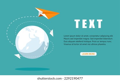 One Orange paper plane flying faster above the world. Vector illustration flat design for poster, banner, presentation, template, and background.