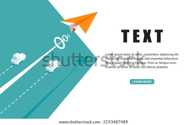 One Orange paper plane flying\
faster than origami car. Vector illustration flat design for\
poster, banner, presentation, template, and\
background.