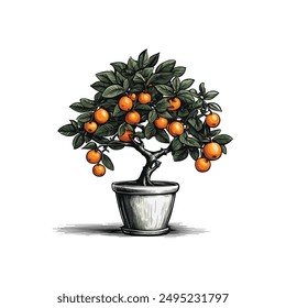 One Orange tree, Fruit tree in a pot sketch hand drawn vector 