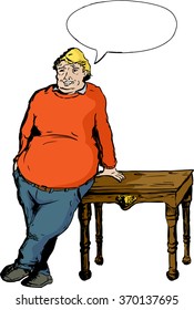 One overweight mature laughing European male leaning on table with hand