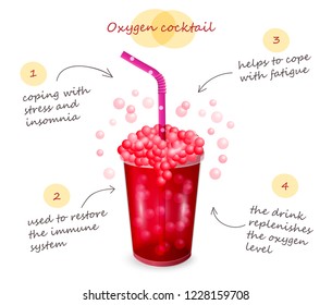 One oxygen cocktail. Concept for spa center. Glass with fruit cocktail and a pipe. Color vector illustration isolated on a white background.