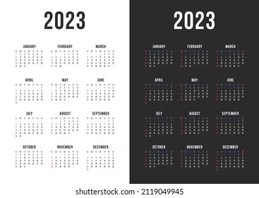One page 12 months wall calendar 2023. Black and white versions. Vector. A4 vertical monochrome set.